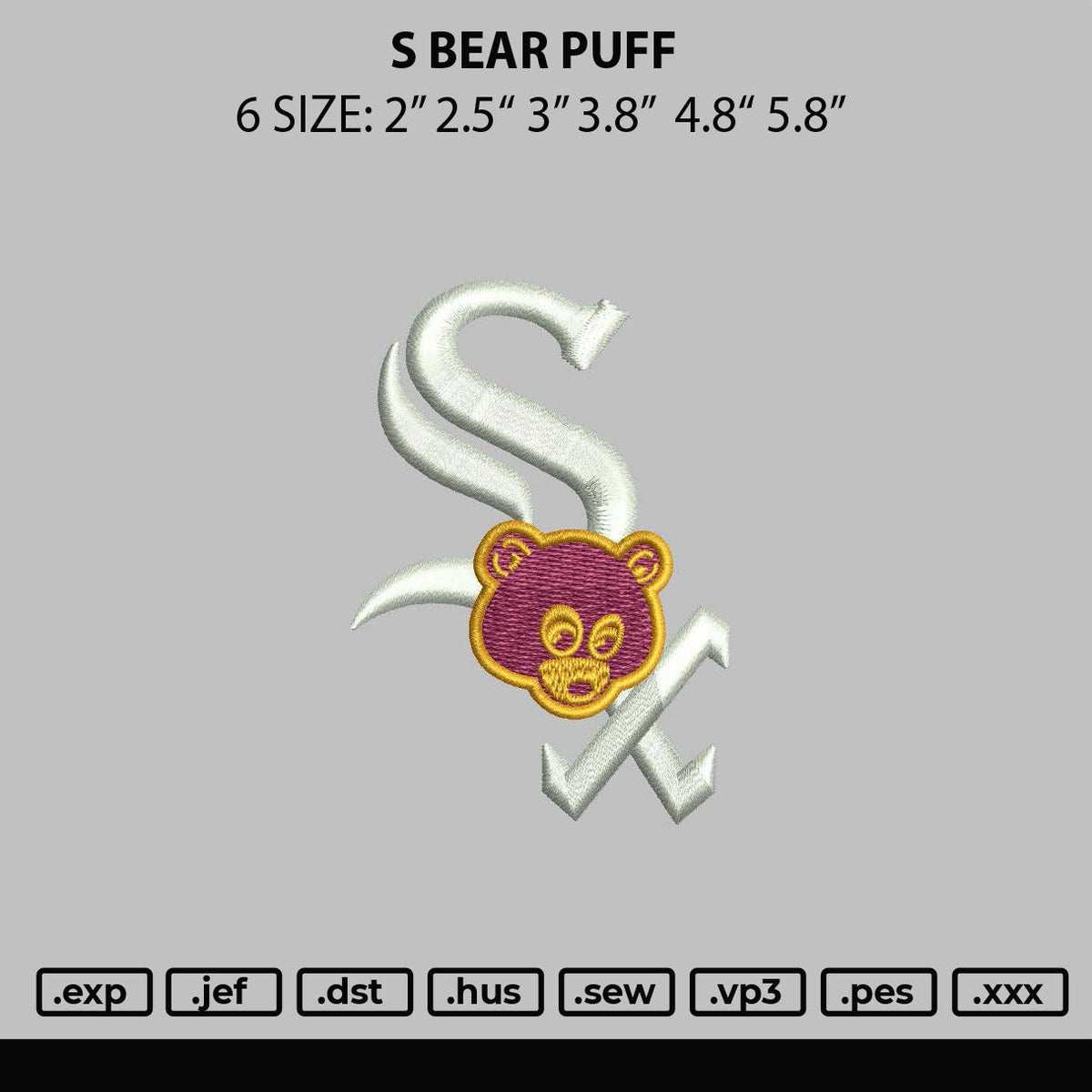 S Bear Puff Embroidery File 6 sizes