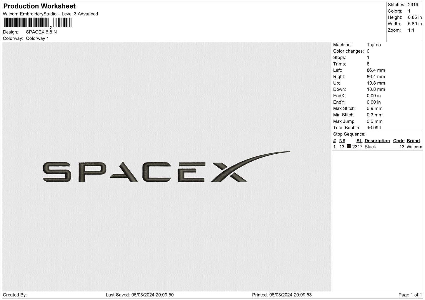 SPACEX Embroidery File 6 size