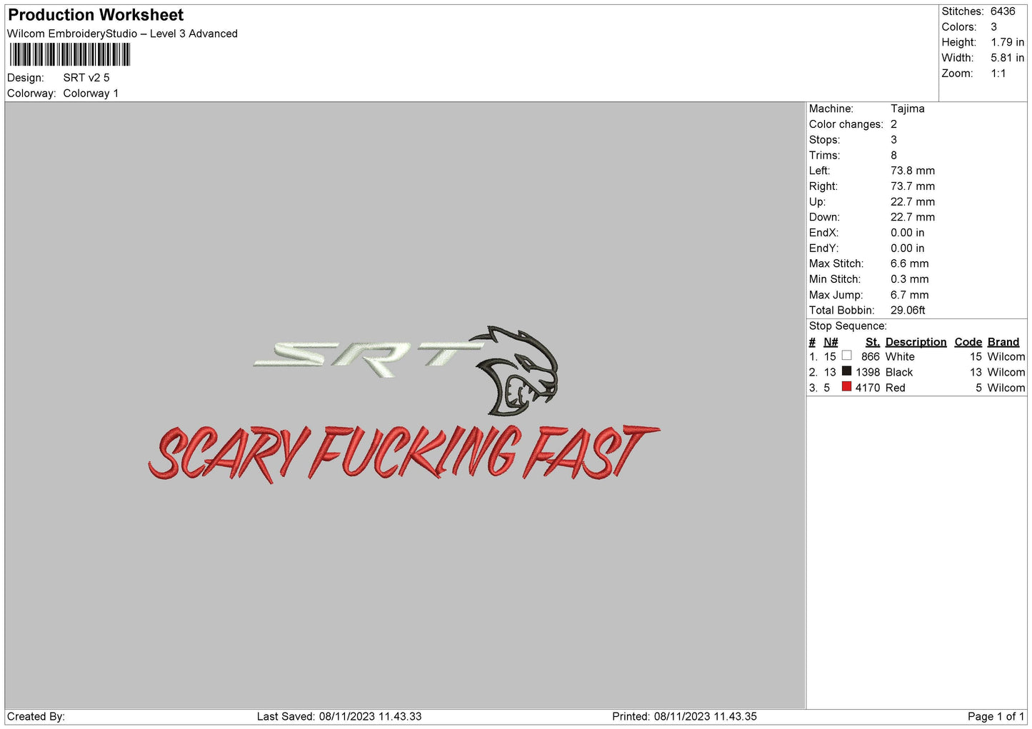 Srt V2 Embroidery File 6 sizes