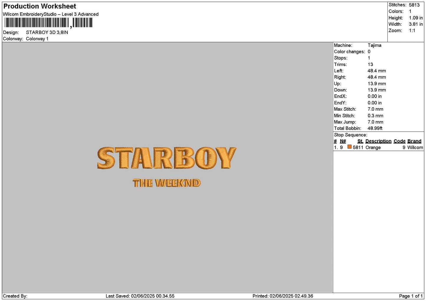 Starboy 3d Embroidery File 6 sizes