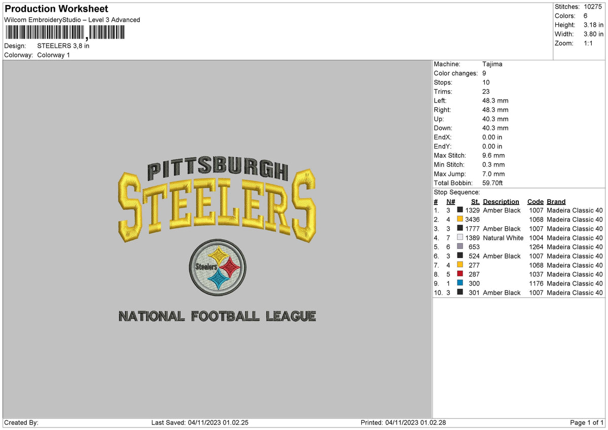 Steelers 0411 Embroidery File 6 sizes