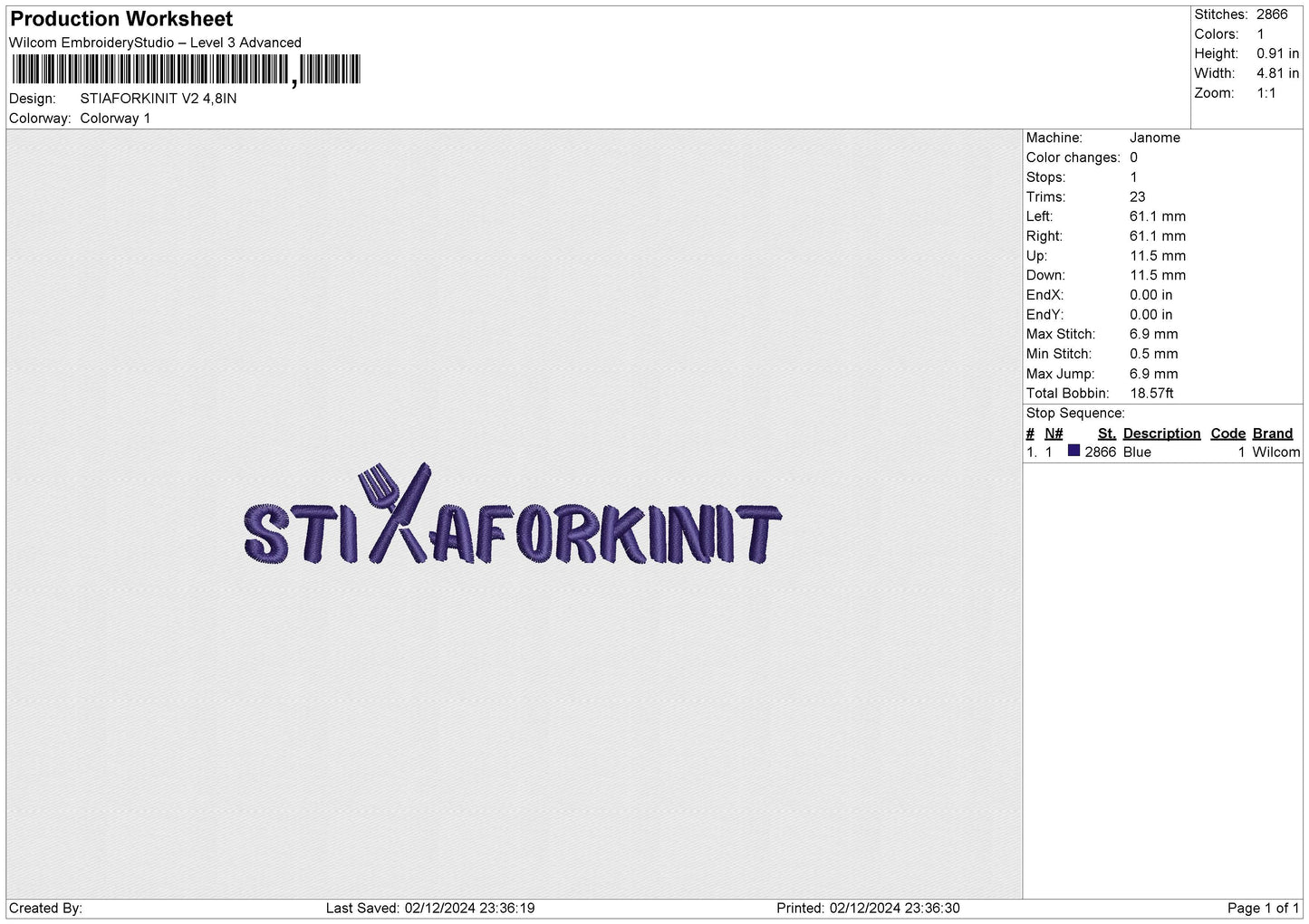 STIAFORKINIT V2 Embroidery File 6 sizes