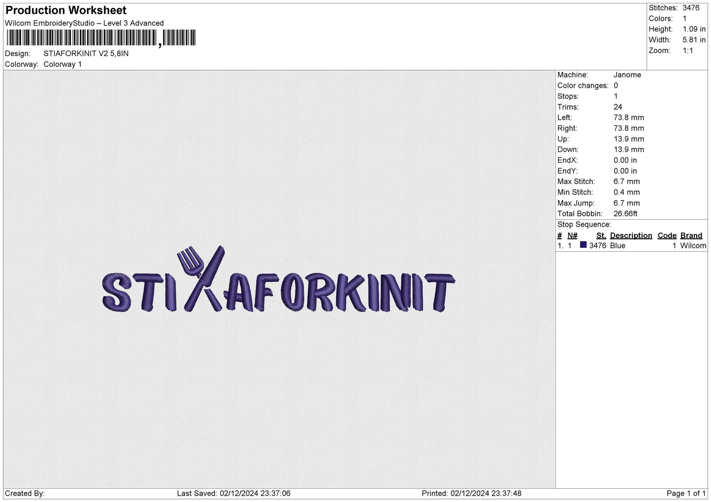 STIAFORKINIT V2 Embroidery File 6 sizes