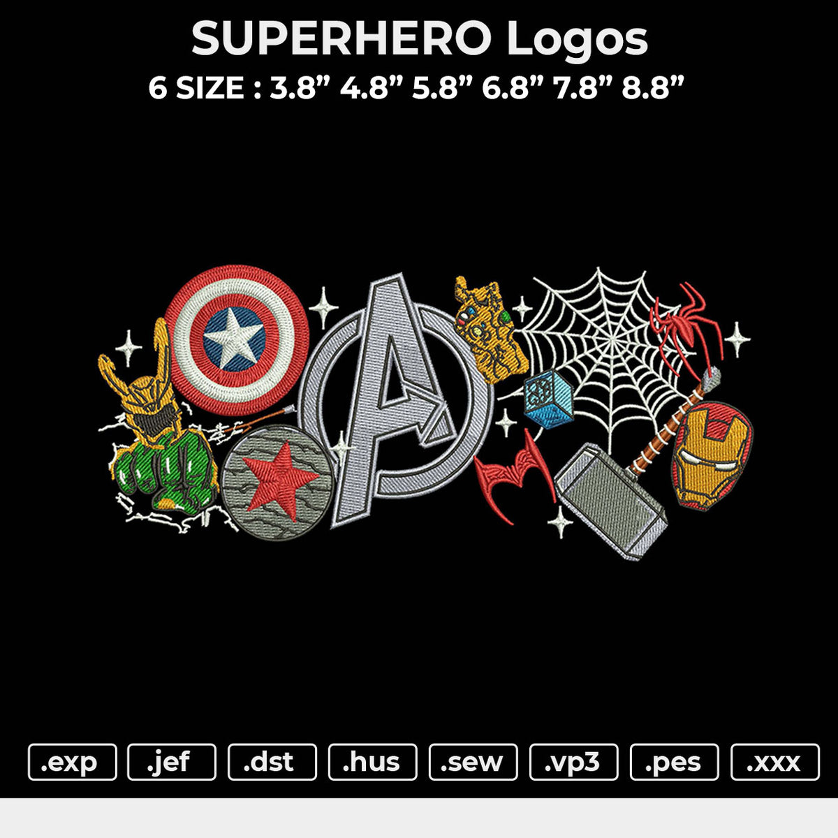 SUPERHERO Logos Embroidery File 6 sizes