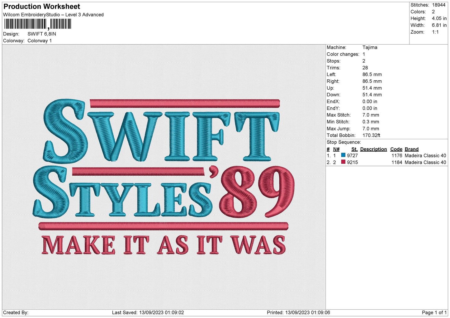 SWIFT Embroidery File 6 size