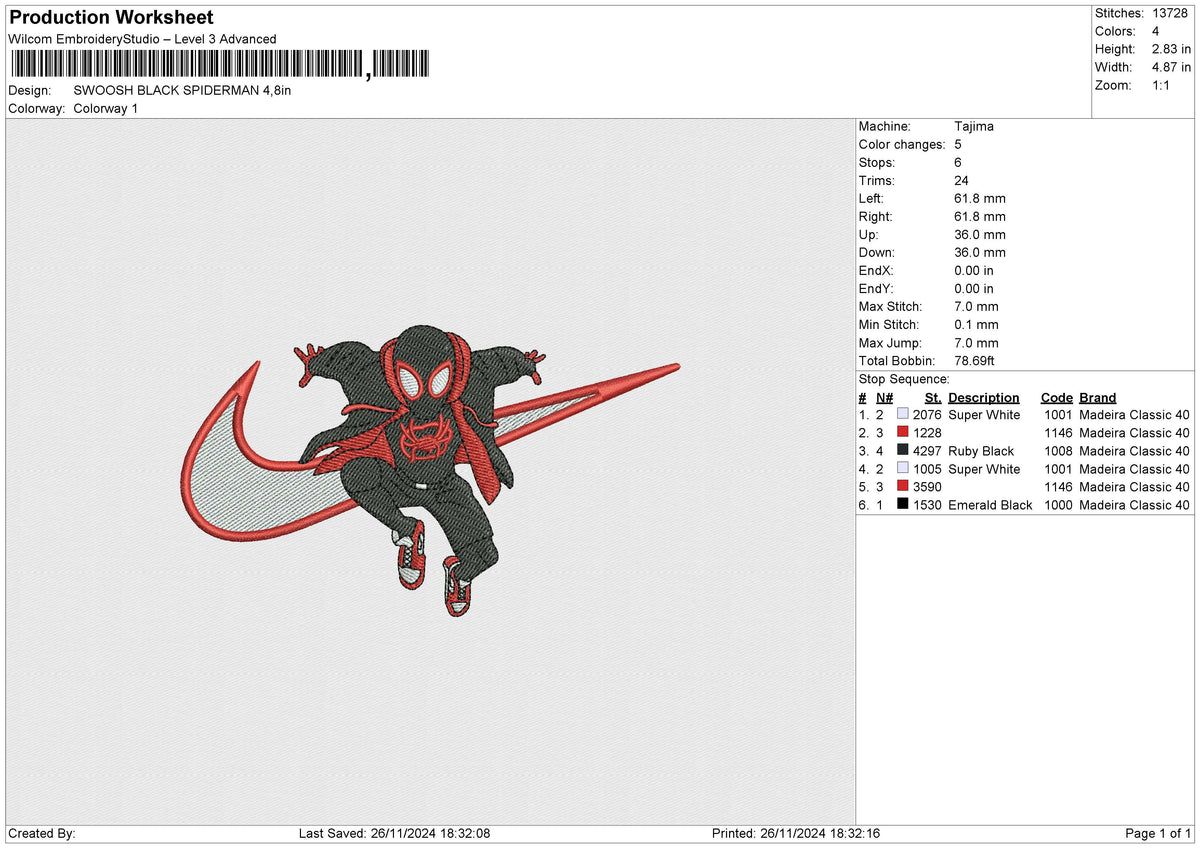 SWOOSH BLACK SPIDERMAN Embroidery File 6 size