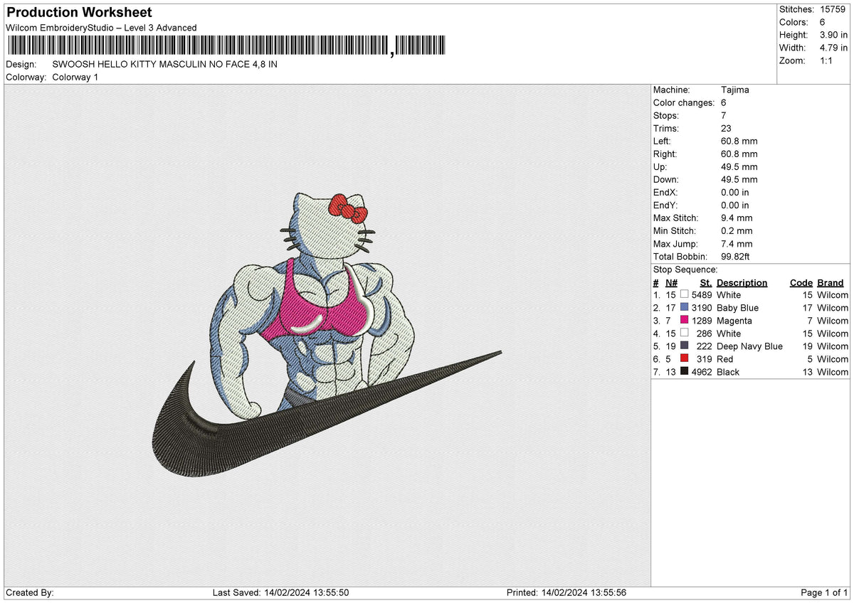 SWOOSH HELLO KITTY MASCULIN NO FACE Embroidery File 6 size