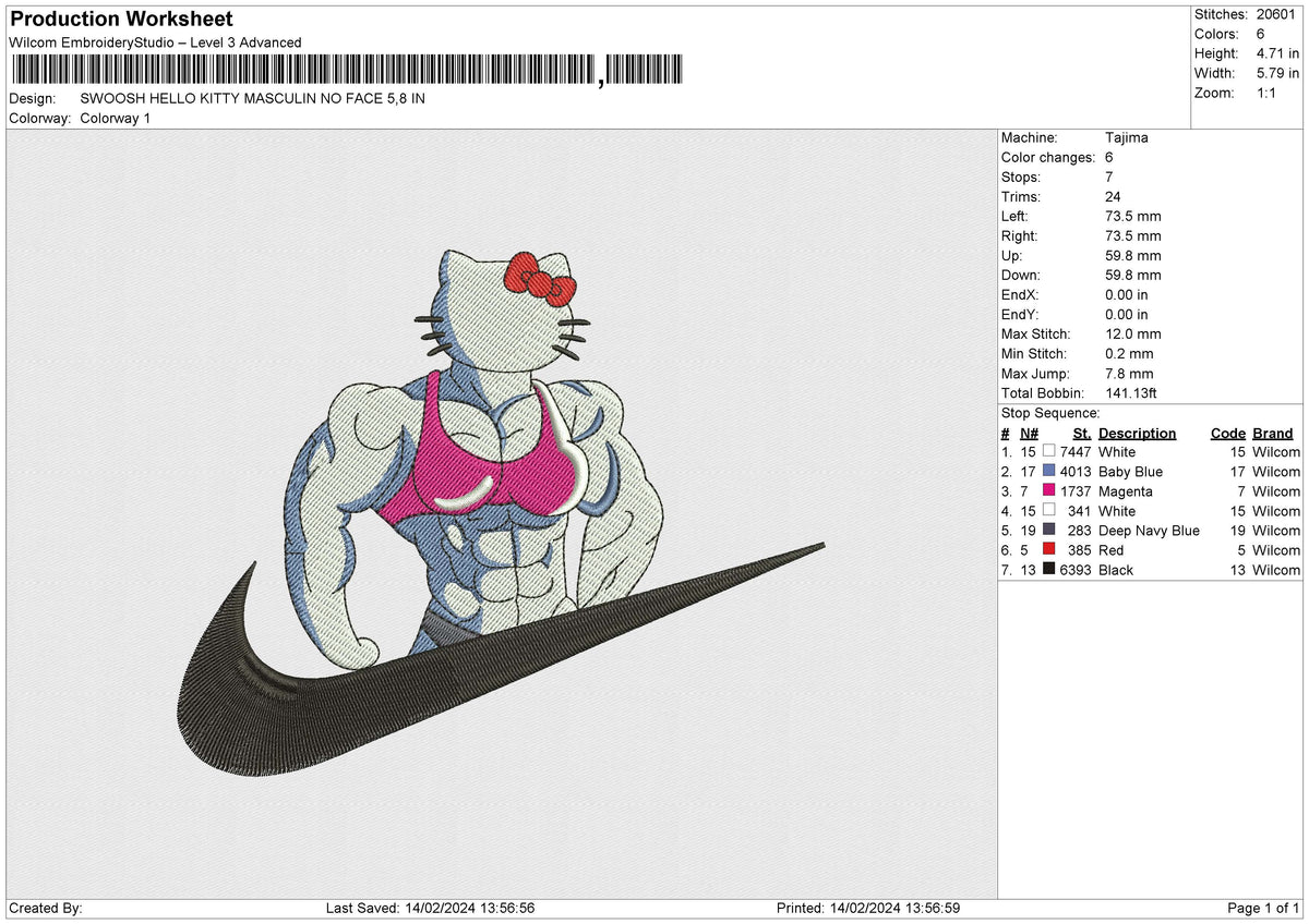 SWOOSH HELLO KITTY MASCULIN NO FACE Embroidery File 6 size