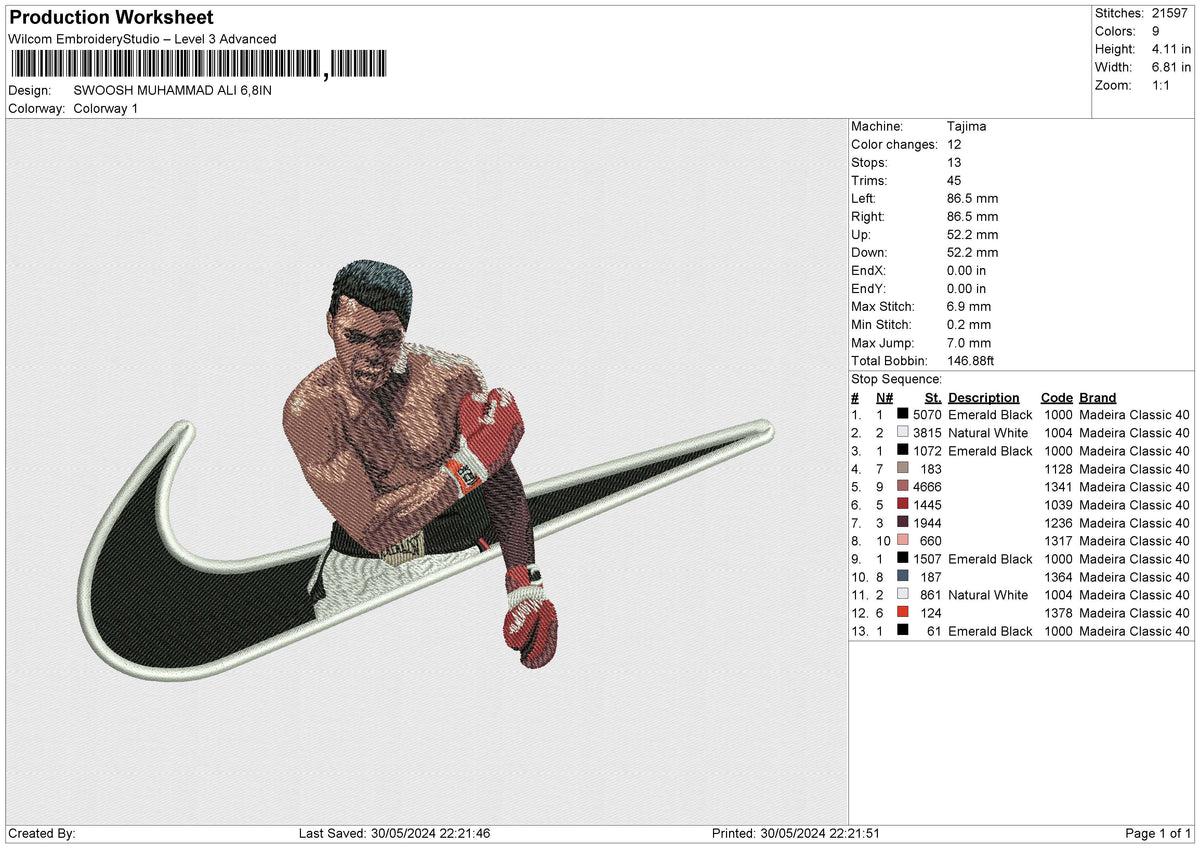 SWOOSH MUHAMMAD ALI Embroidery File 6 size
