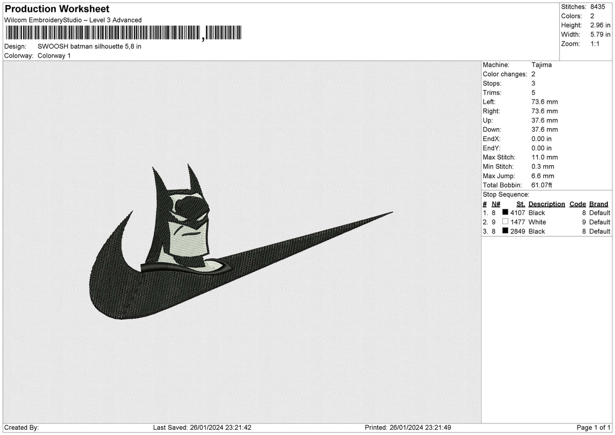 SWOOSH batman silhouette Embroidery File 6 size