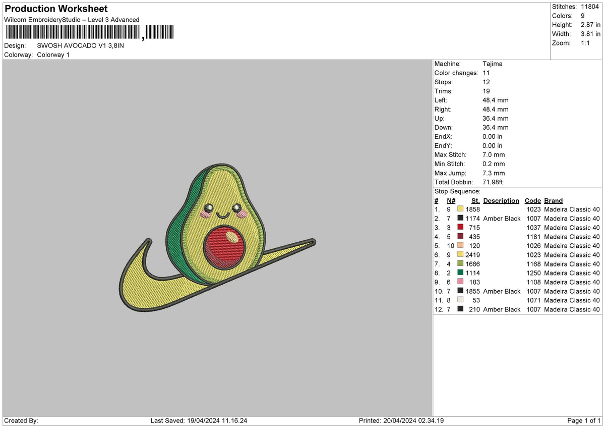 Swoosh Avocado V1 Embroidery File 6 sizes