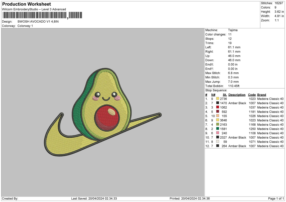 Swoosh Avocado V1 Embroidery File 6 sizes