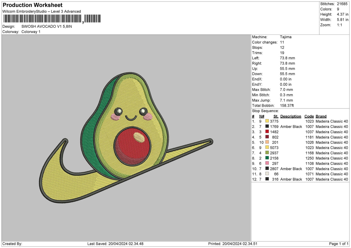 Swoosh Avocado V1 Embroidery File 6 sizes