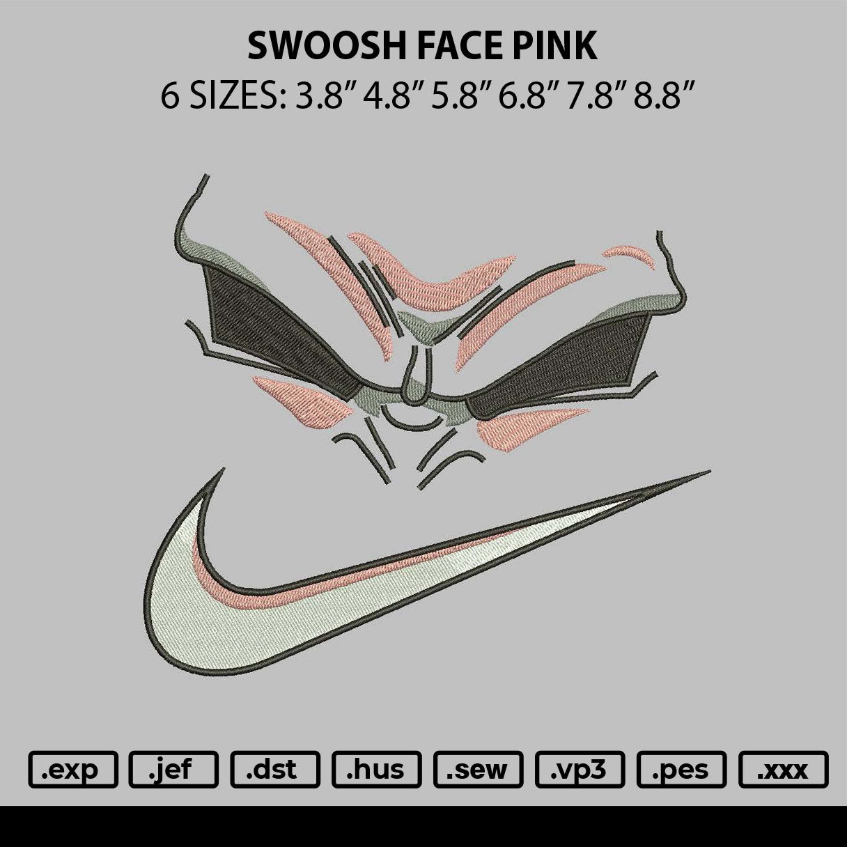 Swoosh Face Pink Embroidery File 6 sizes