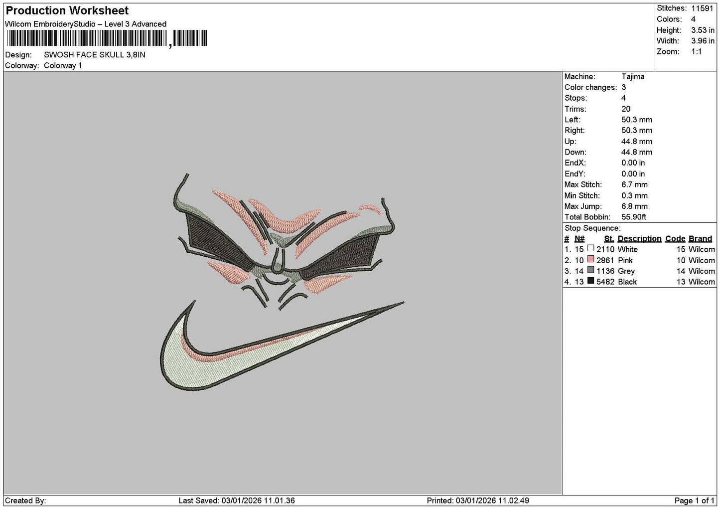 Swoosh Face Pink Embroidery File 6 sizes