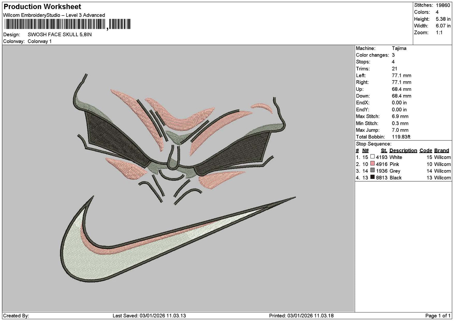 Swoosh Face Pink Embroidery File 6 sizes