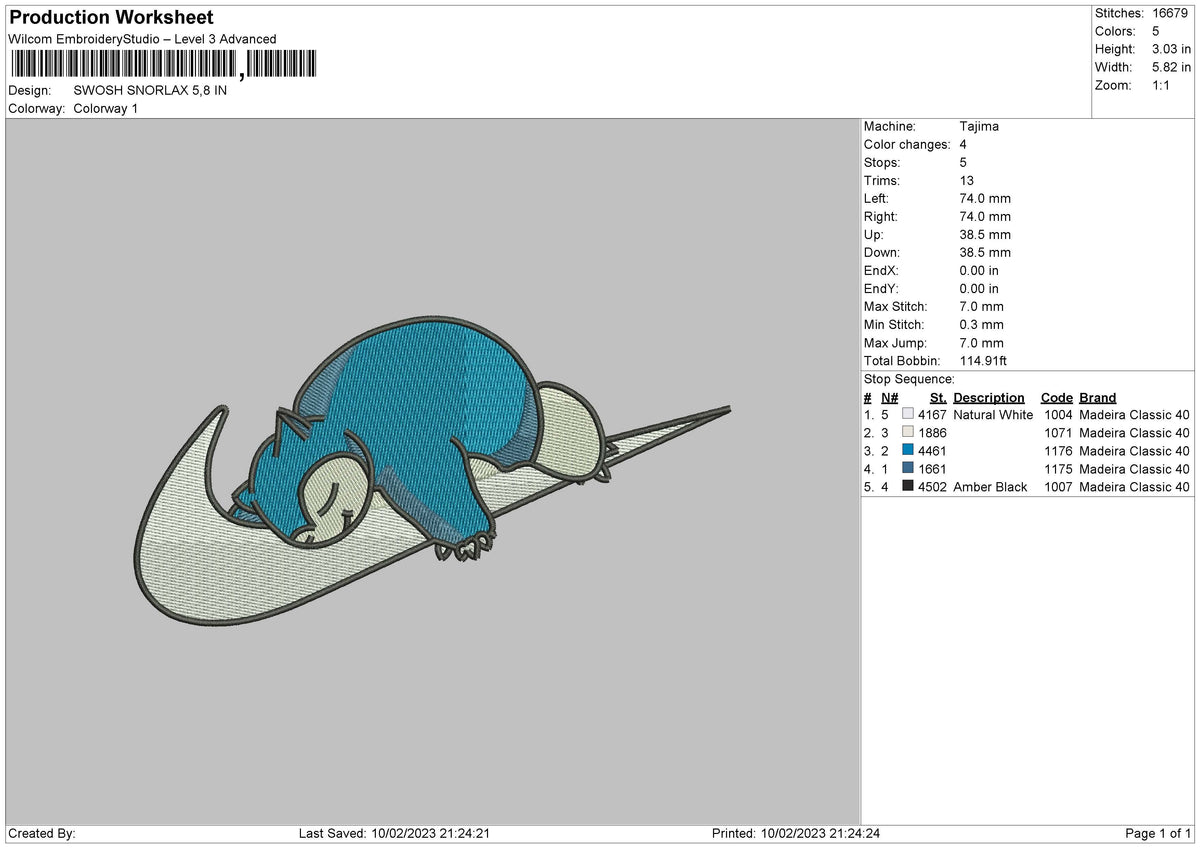 Swoosh Snorlax Embroidery File 6 sizes
