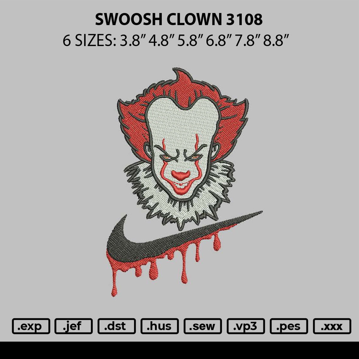 Swoosh Clown 3108 Embroidery File 6 sizes