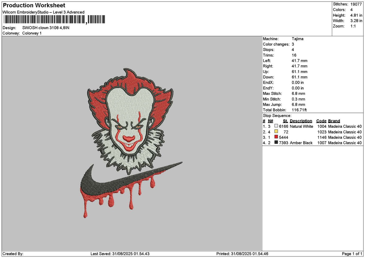 Swoosh Clown 3108 Embroidery File 6 sizes