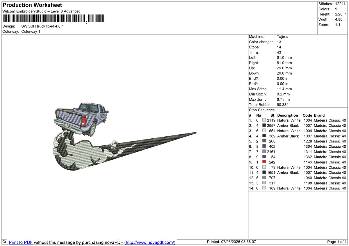 SWOSH truck Embroidery File 6 size