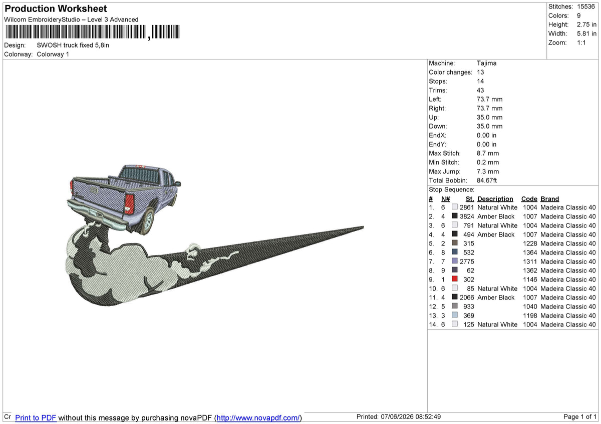 SWOSH truck Embroidery File 6 size