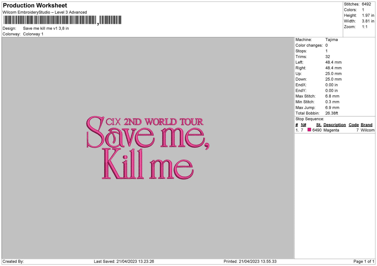Save Me V1 Embroidery File 6 sizes