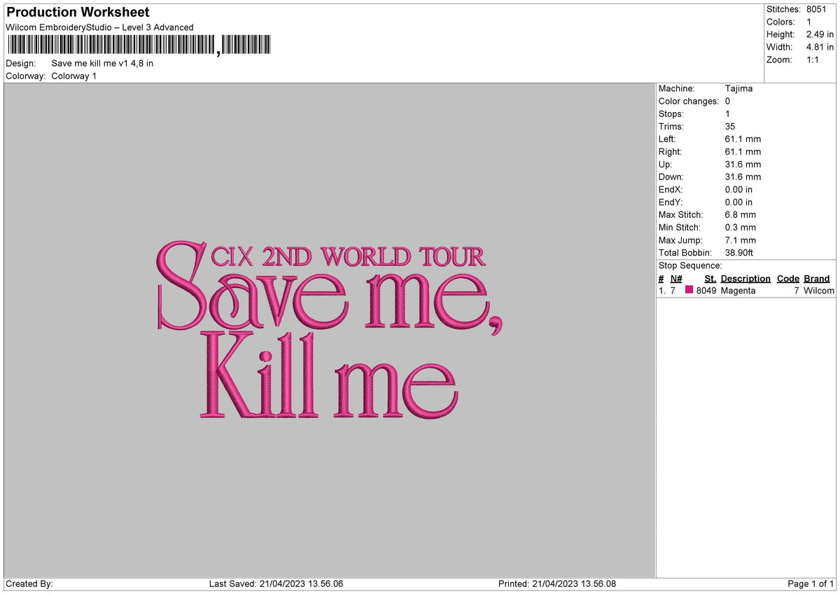 Save Me V1 Embroidery File 6 sizes