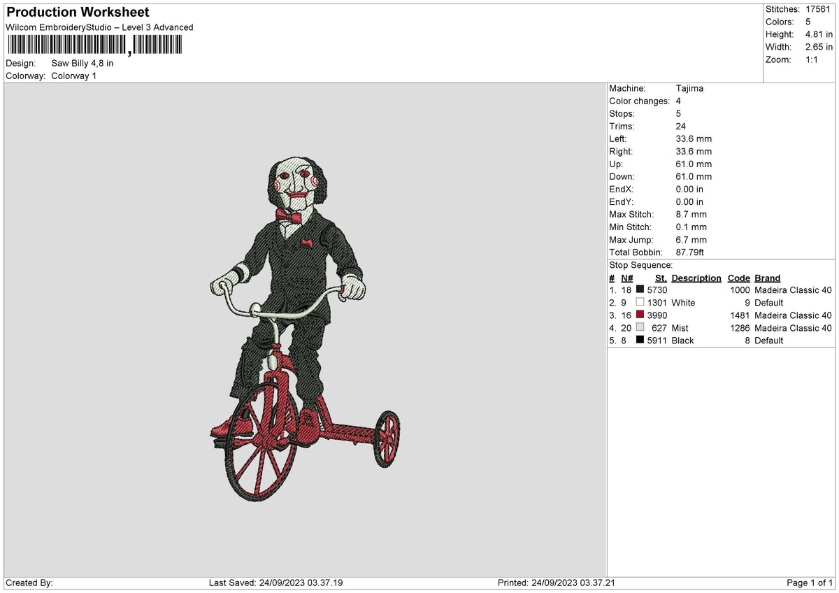 Saw Billy Embroidery File 6 sizes