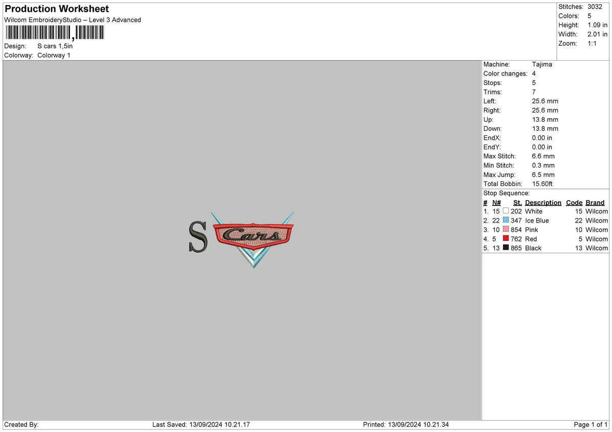 S Cars Embroidery File 6 sizes