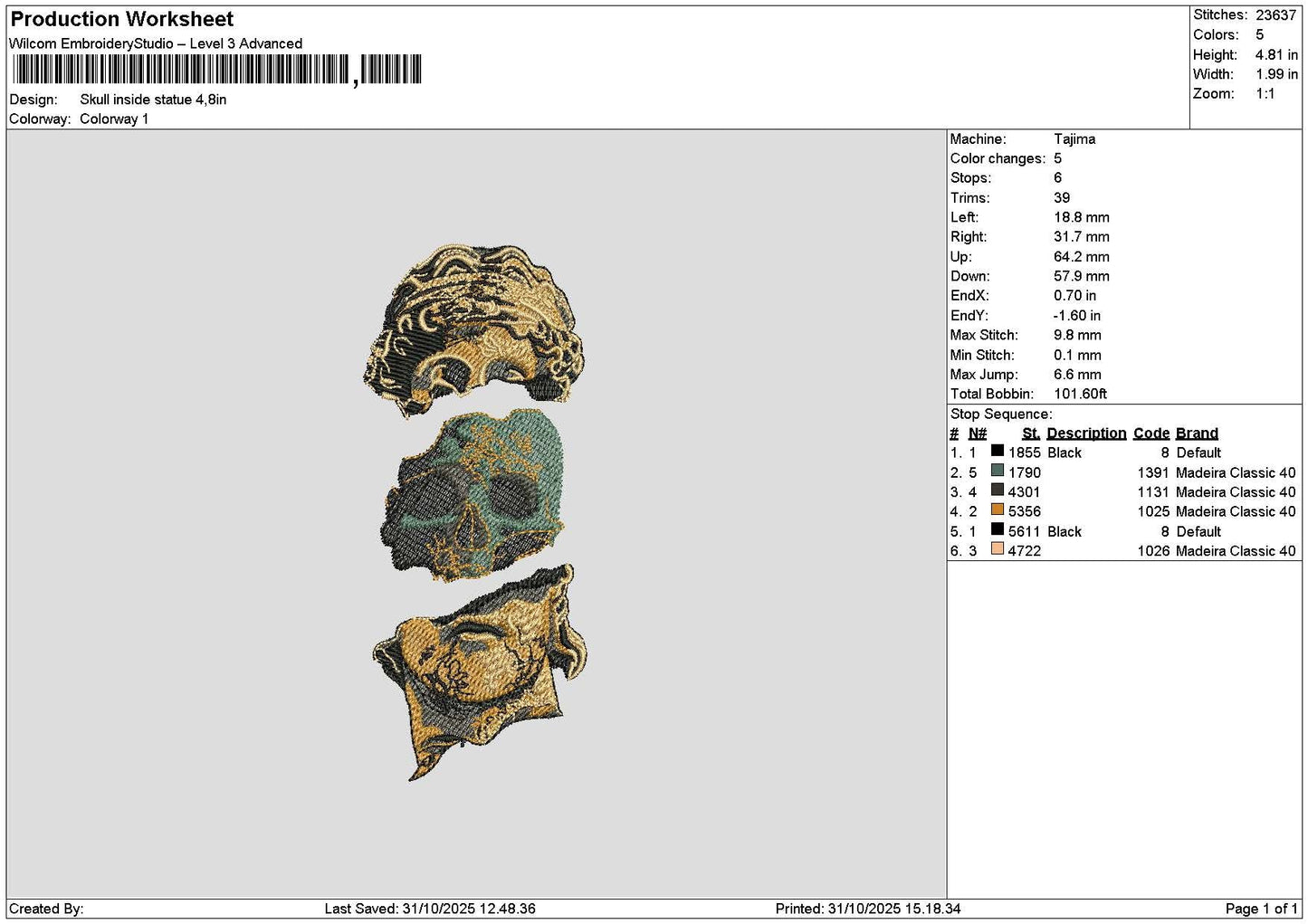 Skulls 3110 Embroidery File 6 sizes