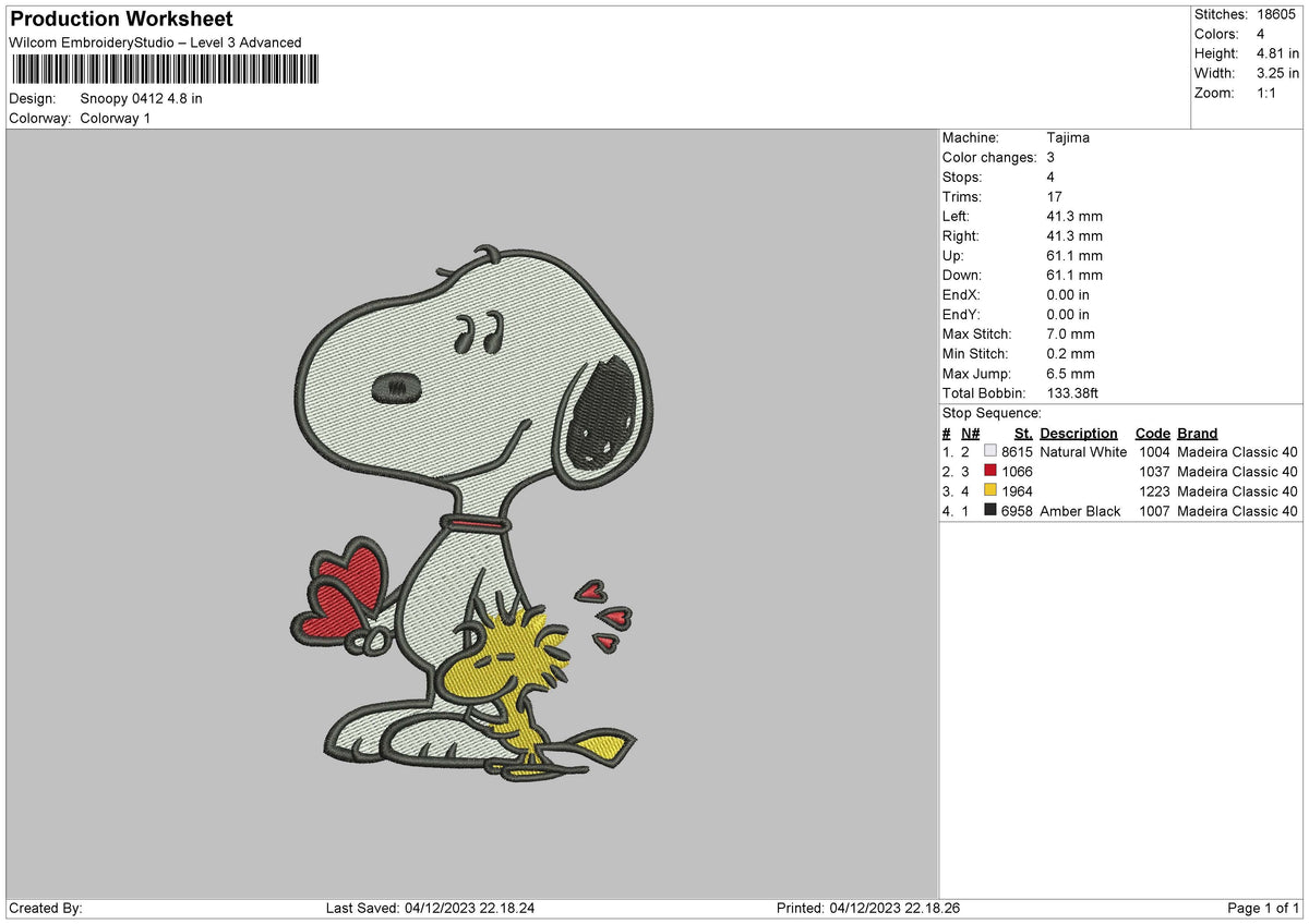 Snoopy 0412 Embroidery File 6 sizes