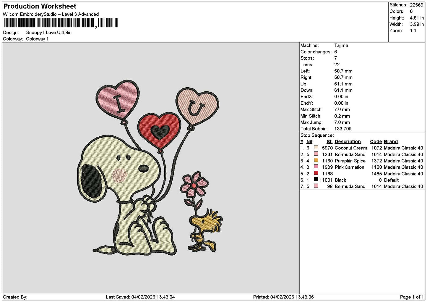 Snoopy Love 0402 Embroidery File 6 sizes