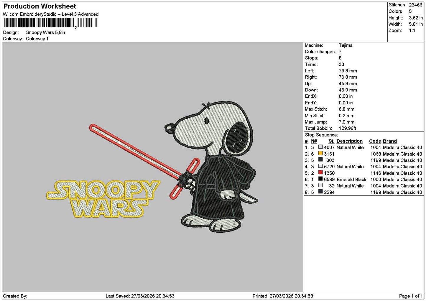Snoopy Wars Embroidery File 6 sizes