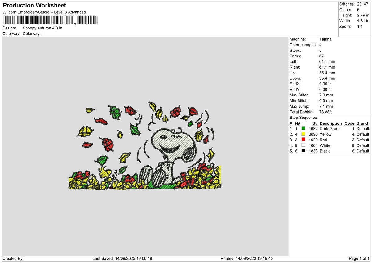Snoopy Autumn Embroidery File 6 sizes