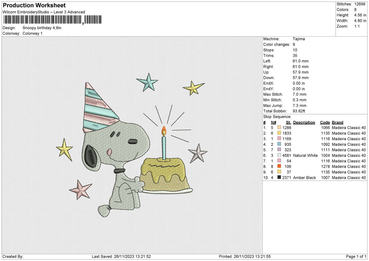 Snoopy Birthday  Embroidery File 6 size