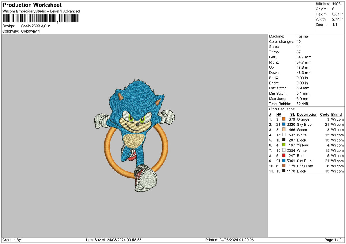 Sonic 2303 Embroidery File 6 sizes