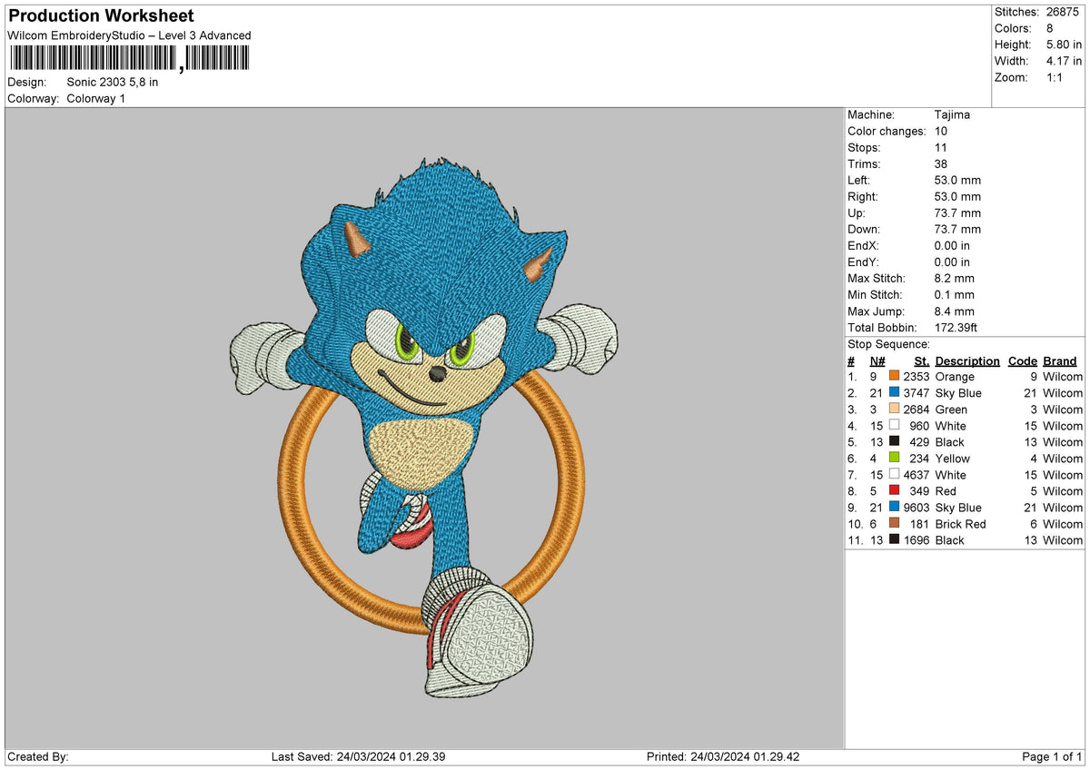 Sonic 2303 Embroidery File 6 sizes