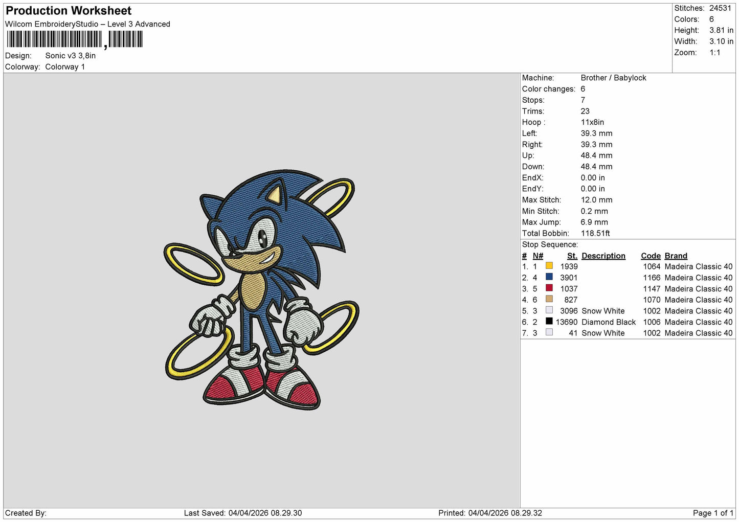 Sonic v3  Embroidery File 6 sizes
