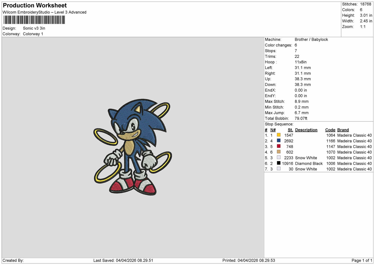 Sonic v3  Embroidery File 6 sizes