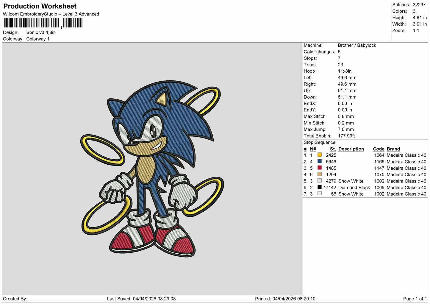 Sonic v3  Embroidery File 6 sizes