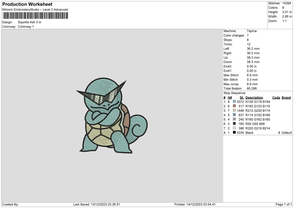 Squirtle Poke Embroidery File 6 sizes