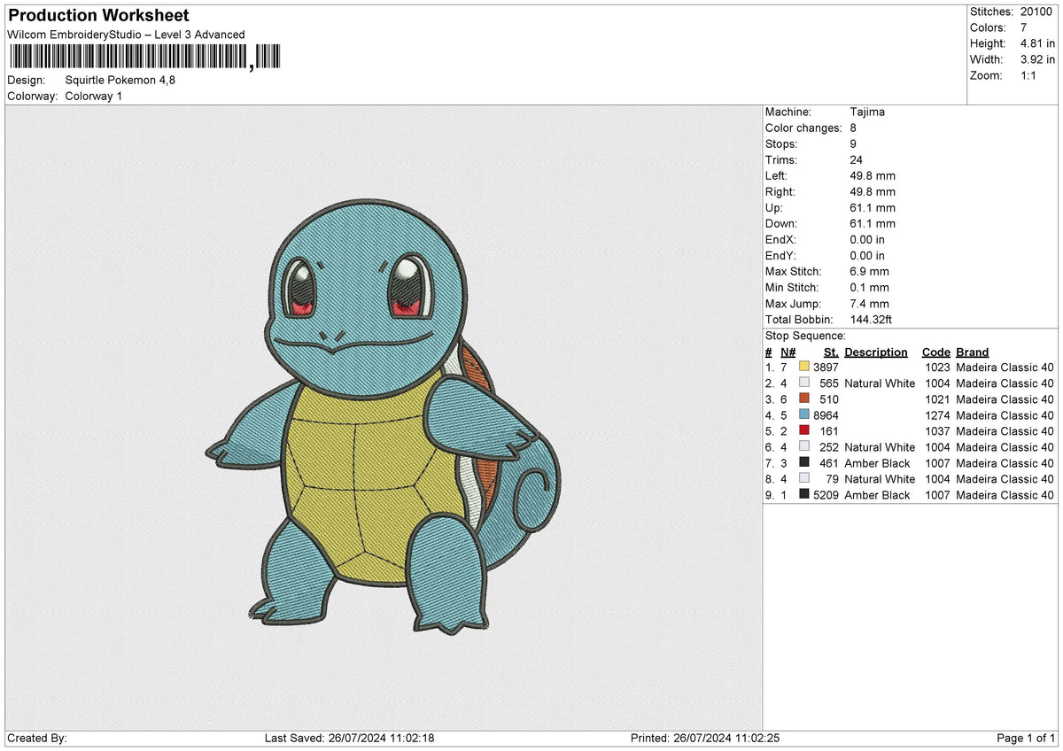 Squirtle Pokemon Embroidery File 6 size