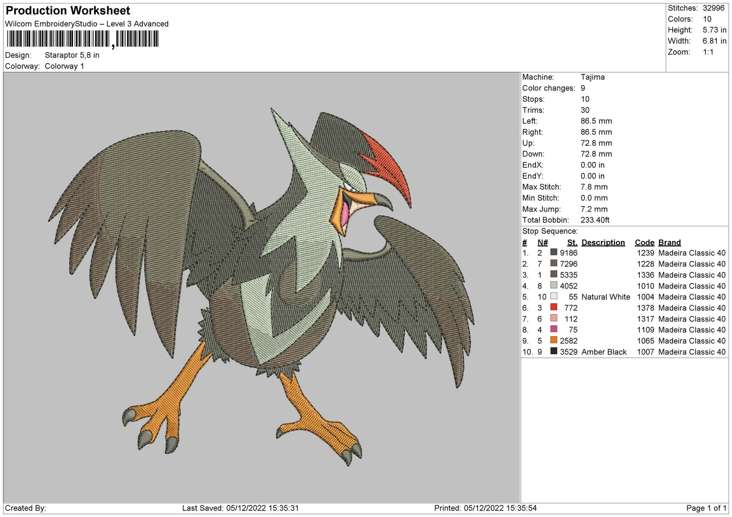 Staraptor Embroidery File 6 sizes