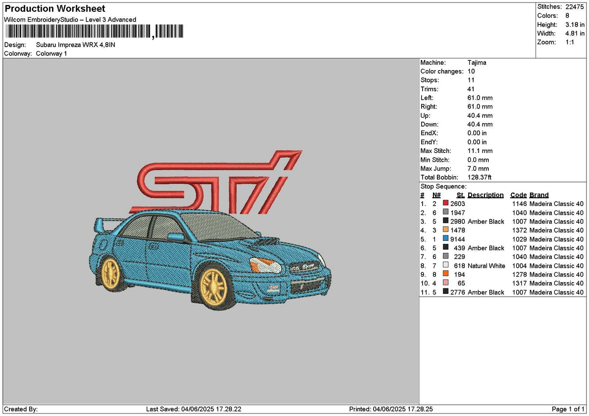 Blue Car Wrx Embroidery File 6 sizes