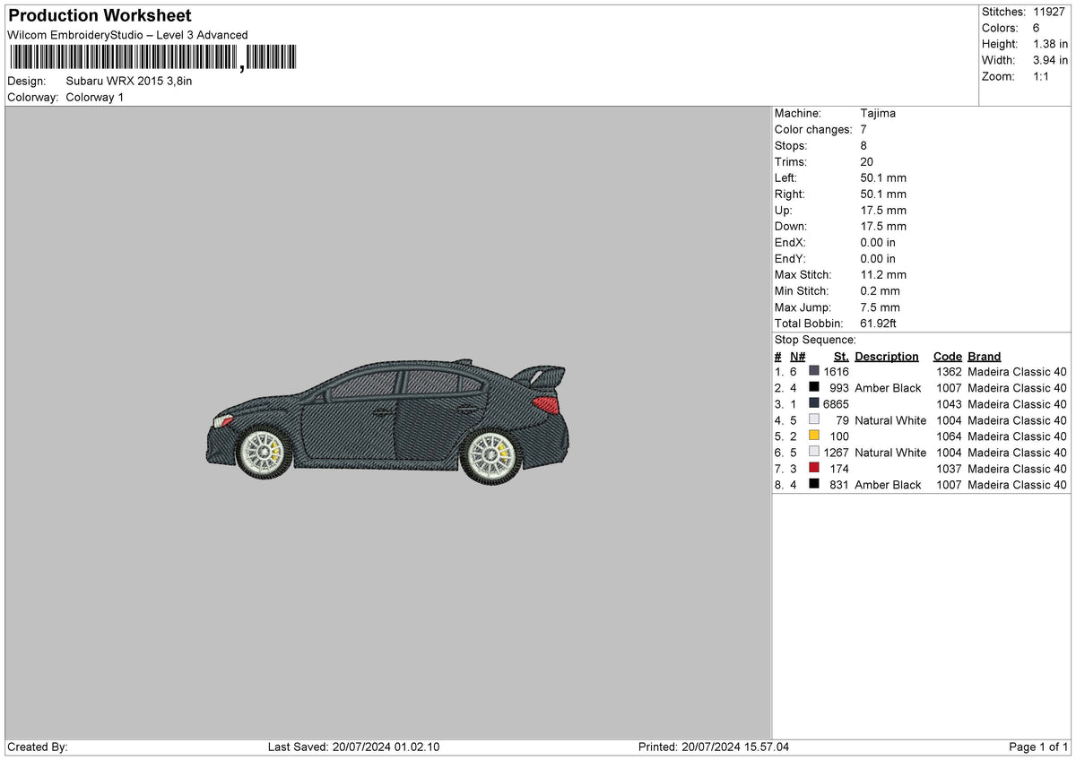 Car2015 Embroidery File 6 size