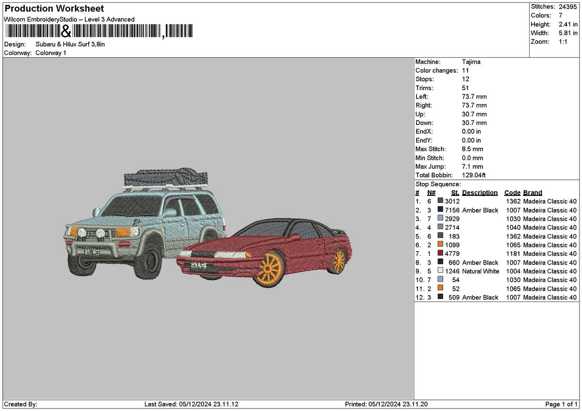 2 Cars 0512 Embroidery File 6 sizes
