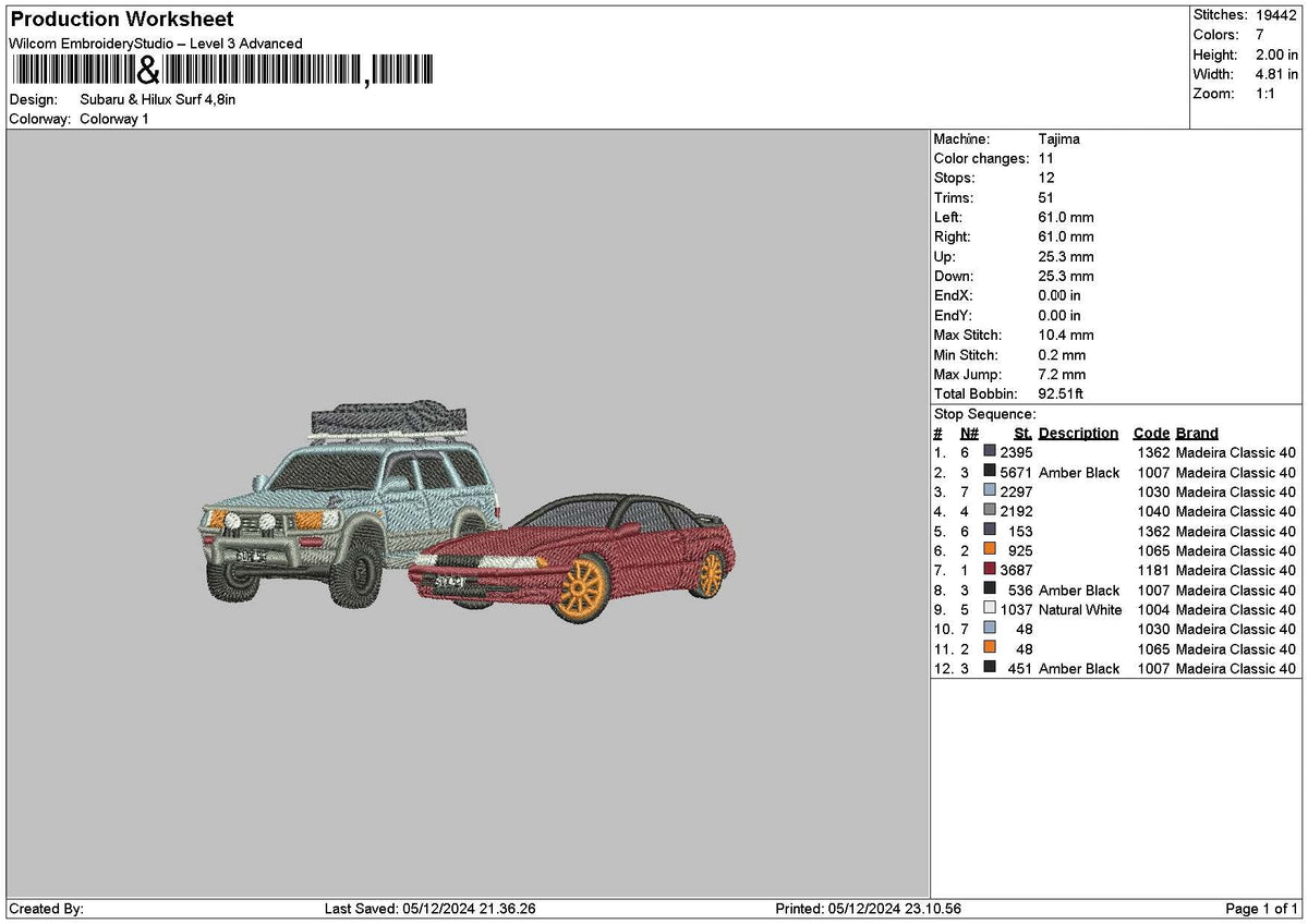 2 Cars 0512 Embroidery File 6 sizes