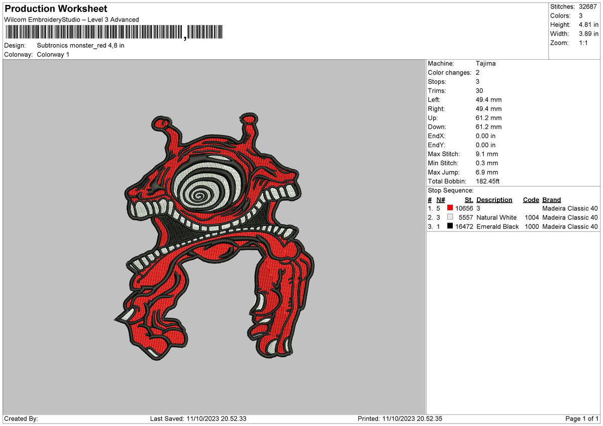 Red Monster Embroidery File 6 sizes