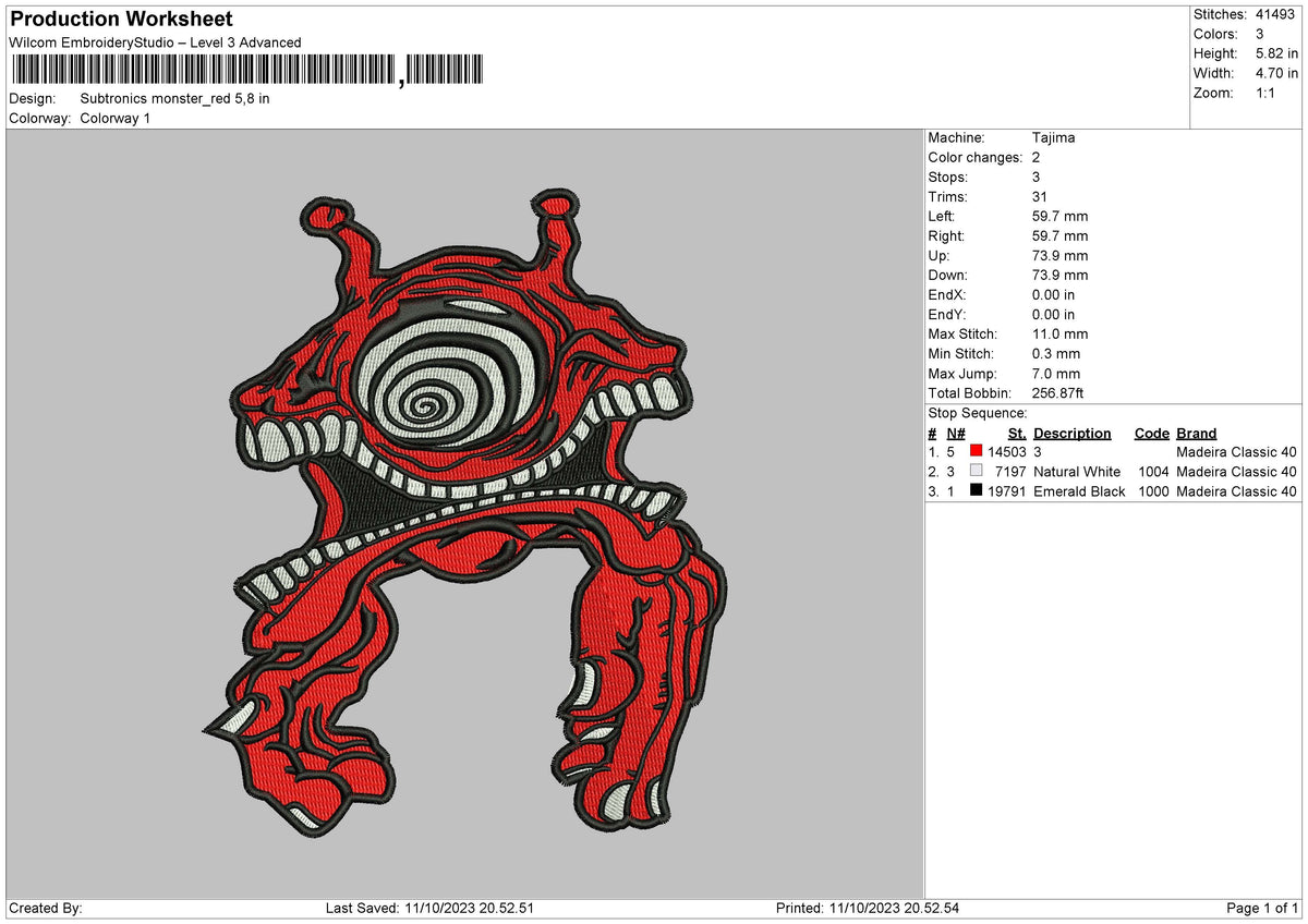 Red Monster Embroidery File 6 sizes