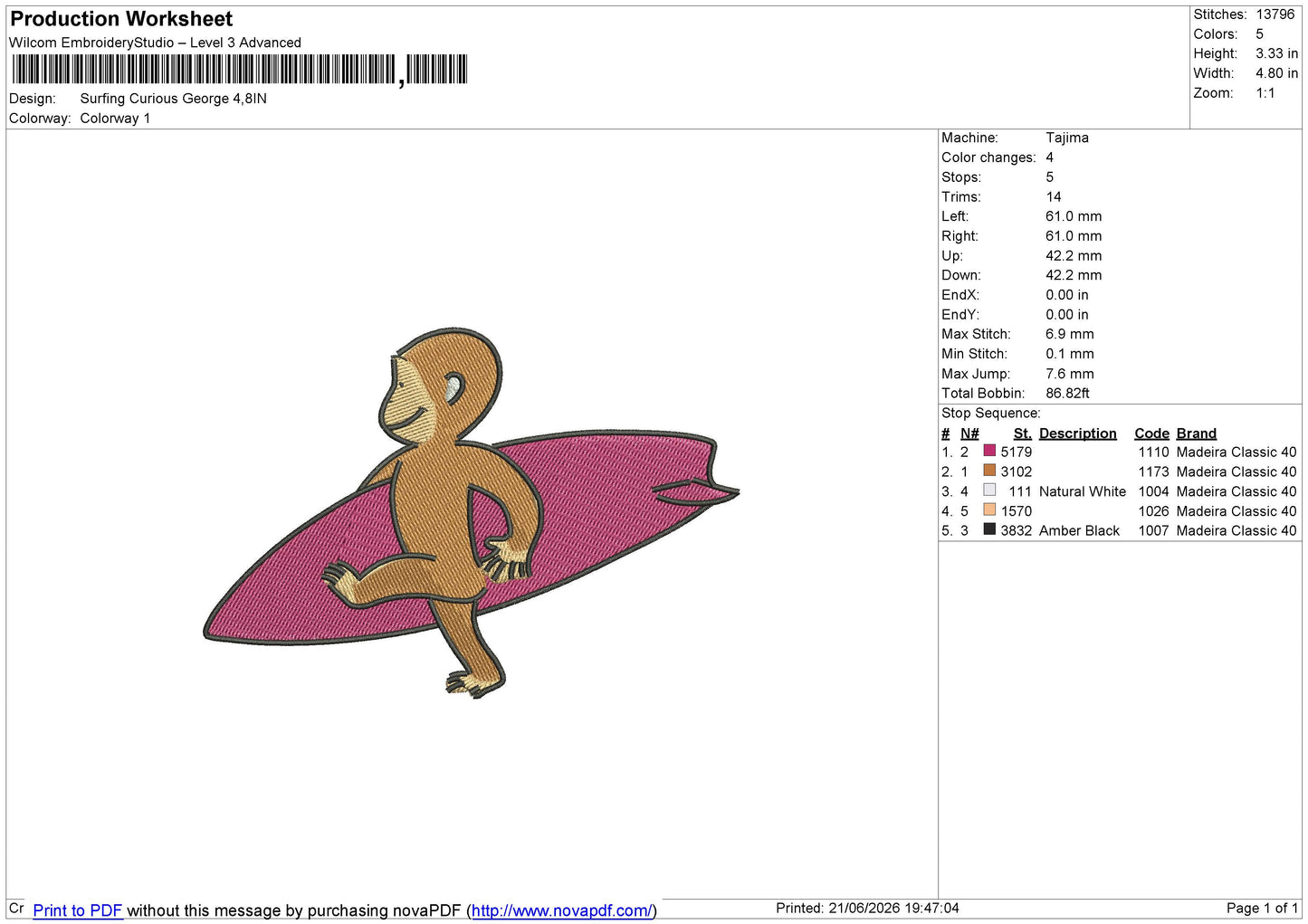 Surfing Curious George Embroidery File 6 sizes
